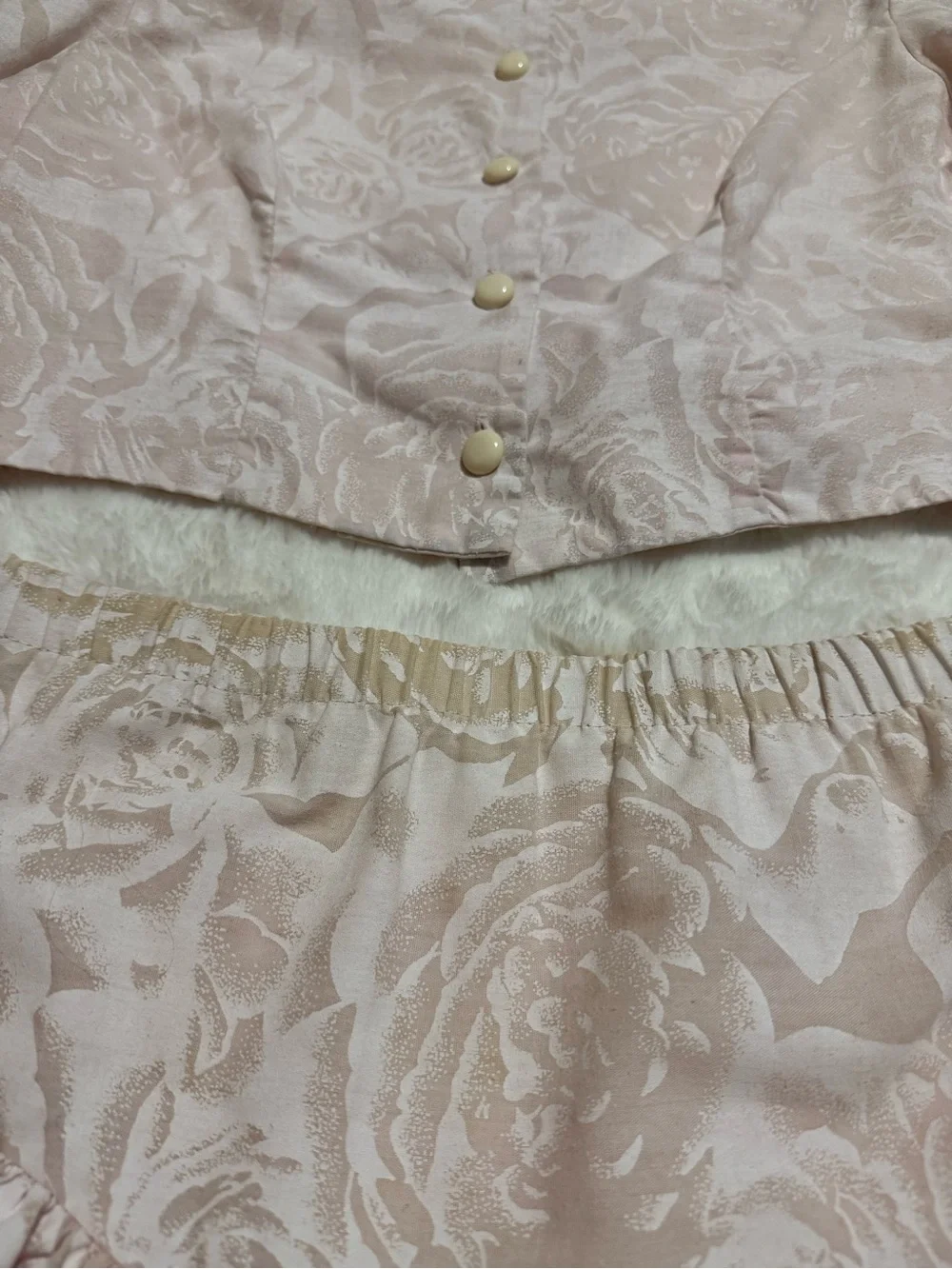 Vintage 80s Diamonds Run Pink Floral Jacquard Crop Top & Tiered Ruffle Skirt